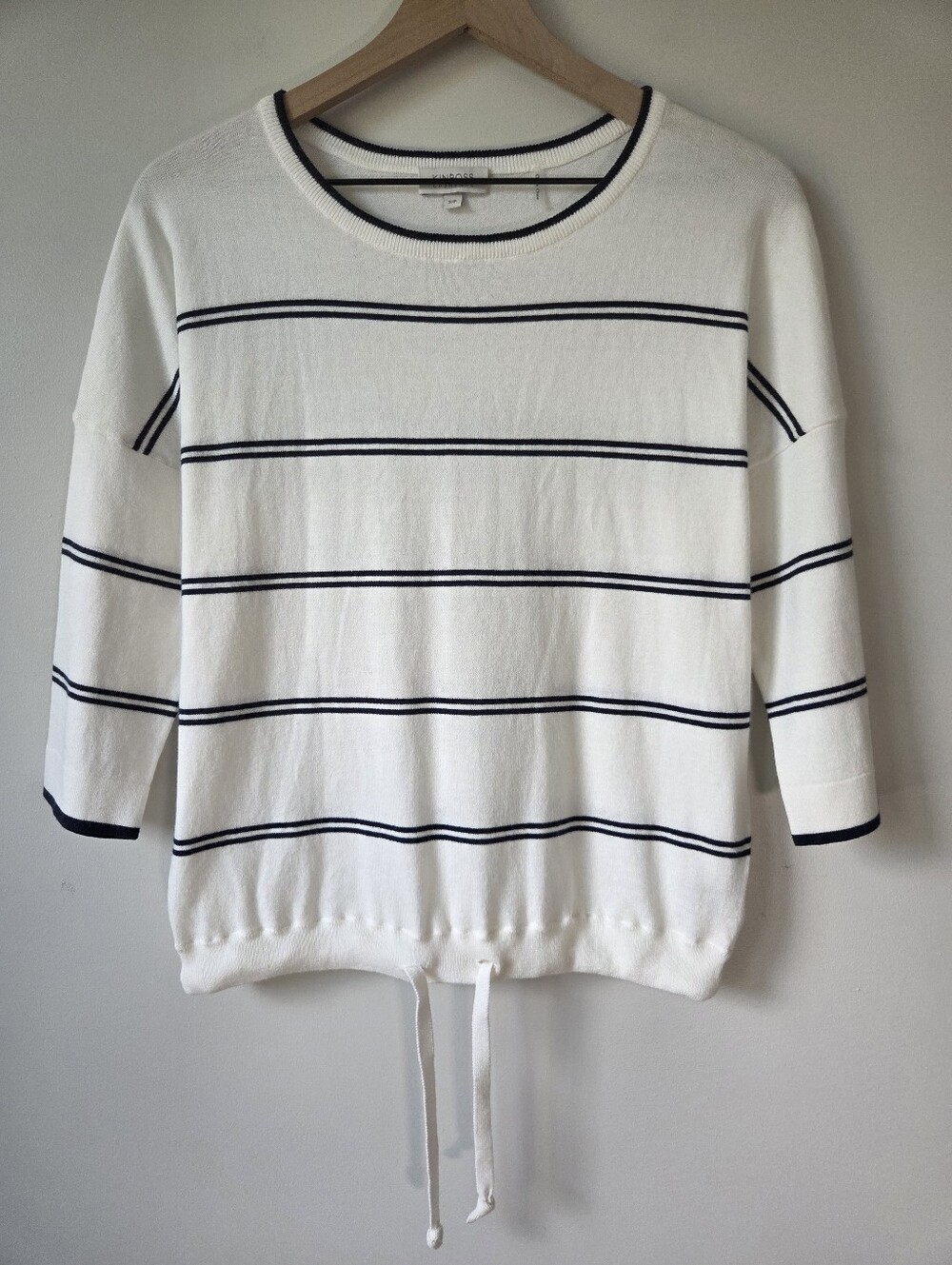 Kinross Cashmere White Navy Stripe Drawstring Hem Sweater Womens Size Small